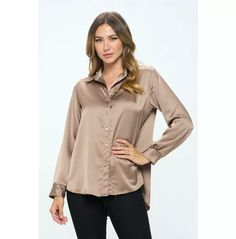 Made in USA Stretch Satin V neck Blouse with Collar. Available in other Colors. Fabric content: 97% Polyester, 3% Spandex. Style: casual, formal, work Print / Pattern: solid Silhouette: button up shirt Fit: regular Neck Line: v neck, collar Sleeve: longsleeve Closure: buttons Lining: no Made In: Made in U.S.ASize Measurement (inch): S: 20.5 (Bust), 22.0 (Waist), 25.0 (Hips), 26.5 (Length) M: 21.5 (Bust), 23.0 (Waist), 26.0 (Hips), 27.0 (Length) L: 22.5 (Bust), 24.0 (Waist), 27.0 (Hips), 27.5 (Length) Blouse With Collar, Womens Boho Dresses, Blouse Man, Shirt Blouses Women's, Satin Trousers, Satin Blouses, Current Fashion Trends, Stretch Satin, Women Shirts Blouse