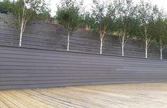 a wooden deck with several trees on the wall and wood flooring in front of it