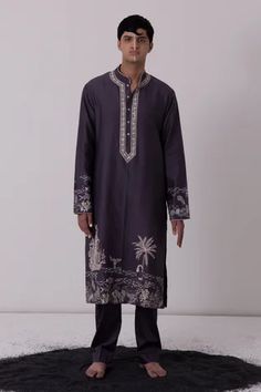 Shop for Wabi Sabi Grey Chanderi Merry Mermaid Embroidered Kurta Set for Men Online at Aza Fashions Embellished Cotton Kurta For Eid, Festive Embellished Cotton Kurta, Traditional Embellished Cotton Kurta, Kurta Set For Men, Kurta Set, Full Sleeves, Mandarin Collar, Wabi Sabi, Aza Fashion