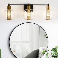 a bathroom with a round mirror and two lights on the wall next to a potted plant