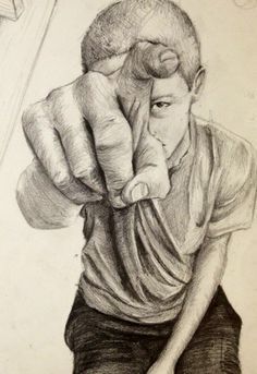 a pencil drawing of a man pointing at something