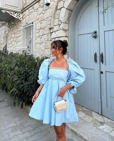 Blue fluffy dress. There are ruffle details on the sleeves and collar. Blue Fluffy Dress, Blue Dress Birthday, Blue Princess Dress, Fluffy Dress, Dress Fairy, Puffy Dresses, Puff Dress, Circle Dress, Dress Birthday