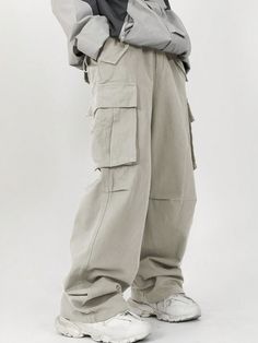 Loose-Fit Men's Flap Pocket Side Drawstring Waist Cargo Pants Apricot Casual   Woven Fabric Plain Cargo Pants Non-Stretch  Men Clothing, size features are:Bust: ,Length: ,Sleeve Length: