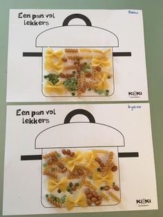 two pictures of different types of pasta in a box with words on it and instructions to make them look like they are made out of paper