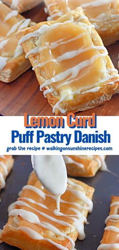 lemon curd puff pastry danish with icing being drizzled on top