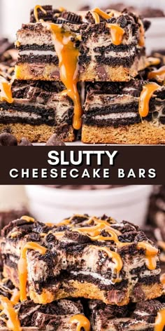 Layers of chocolate chip cookie dough, Oreos, and cheesecake, these Slutty Cheesecake Bars are all the perfect flavors in one single bite. If you have been looking for that show-stopping dessert that everyone will fall head over heels for, then you absolutely need these Slutty Cheesecake Bars. These dessert bars are great for every occasion. Save this dessert idea! Oreo Cheesecake Bars, Cheesecake Bar Recipes, Dessert Bar Recipe, Cheesecake Bites, Cake Bars, Cookie Bar Recipes, Desserts To Make, Cheesecake Bars, Chocolate Chip Cookie Dough