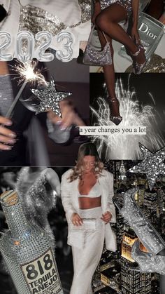 a collage of photos with silver glitters on them and the words new year's eve