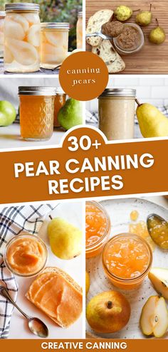 pear canning recipe collage with text overlay that reads, 30 pear canning recipes