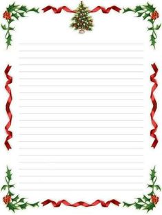 a christmas lined paper with holly and ribbon on it, in the shape of a tree