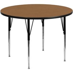 a round wooden table with metal legs