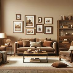 a living room filled with furniture and framed pictures on the wall above it's coffee table