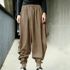 Chinese Clothing For Men, Baggy Pants Men, Cotton Linen Trousers, Hobo Chic, Harem Pants Men, Cotton Harem Pants, Pants Model, Warm Pajamas, Man Pants