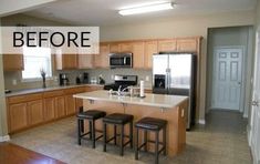 the kitchen is clean and ready to be used as a dining room or family room