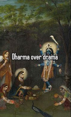 a painting with the words dharmma over drama on it, and an image of people