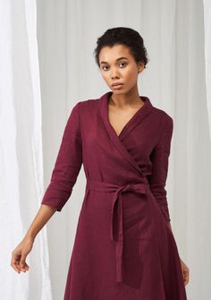 Linen shawl collar wrap dress Marlena Elegant Linen Wrap Dress For Work, Collar Wrap Dress, Fancy Dinners, Linen Shawl, Linen Wrap Dress, Midi Dress Elegant, Burgundy Midi Dress, Skirt Crop, Fall Winter Dresses