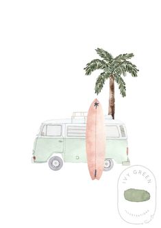 a watercolor drawing of a van with a surfboard in front of it and a palm tree