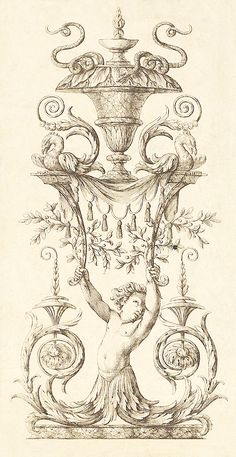 an old drawing of a vase with birds and flowers on the bottom, surrounded by vines