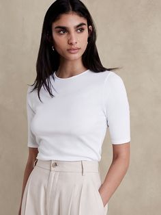 Ribbed Elbow-Sleeve T-Shirt | Banana Republic Fits Aesthetic, Half Sleeve Tops, Professional Attire, Elbow Sleeve, Secret Life, White Shirts, Work Shirts, Favorite Jeans, Shopping List