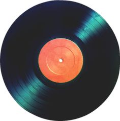 an old black record with orange disk on the center and blue disc in the middle