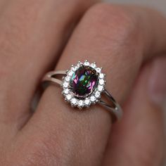 Mystic Topaz Ring Silver Rainbow Gemstone Ring by KnightJewelry Beaded Stacking Rings, Round Cut Diamond Earrings, Mystic Topaz Ring, Diamond Cluster Engagement Ring, Rainbow Gemstones, Flower Engagement Ring, London Blue Topaz Ring, Promise Rings For Her, Mystic Topaz