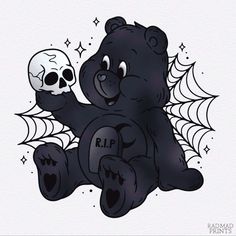 a black teddy bear sitting next to a skull on top of it's back