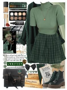 Hogwarts Academia Outfit, Light Academia Green Outfits, Solar Punk Aesthetic Outfits, Forest Green Clothes Aesthetic, Frog Core Outfit, Slytherin Themed Outfits, Slytherin Academia Outfit, Slytherin Inspired Outfits Casual, Academia Casual Outfits