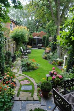 a garden with lots of green grass and flowers