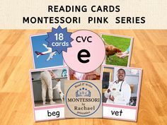 a series of cards with pictures of people and animals on them, reading cards montessori pink series