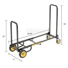 a black and yellow dolly with two wheels on the bottom, and one wheel attached to it