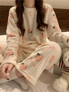 Women's Loungewear Sets 2 Pieces Bear Peach Fashion Casual Comfort Street Daily Date Polyester Warm Crew Neck Long Sleeve Pant Fall Winter Lotus Pink Black 2023 - US $14.99 Fleece Clothing, Corduroy Bear, Pajamas For Teens, Coral Bedding, Womens Loungewear Sets, Warm Pajamas, Pajama Suit, Loose Fabric, Night Suit