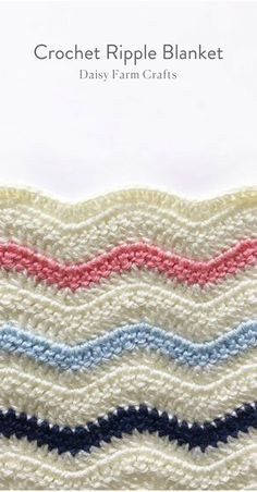 the crochet ripple blanket pattern is shown in blue, pink and white colors