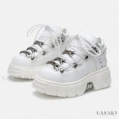 Lasaky - High-Top Lace-Up Heavy Metal Shoes with Chunky Sole Metal Shoes, Shoes Png, Sakura Anime, White Platform Shoes, New Rock Boots, Urban Shoes, White Platform Sneakers, Rock Boots, Dr Shoes