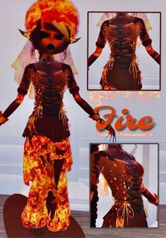 an animated image of a woman dressed in fire