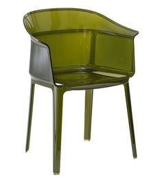 a green chair sitting on top of a white floor