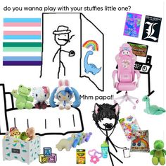 there are many stuffed animals and toys on the bed