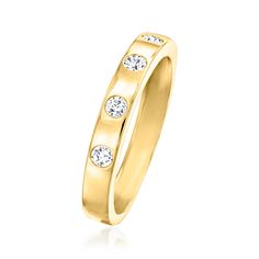 Ross-Simons - .25 ct. t. w. Diamond Ring in 18kt Yellow Gold. Size 7. We guarantee your stack is in need of some sparkle. Dotted with .25 ct. t. w. round brilliant-cut diamonds along the polished 18kt yellow gold band, this pretty ring will get along with jewelry of any other metal or gemstone. 1/8" wide. Diamond ring. Diamond birthstones are the perfect gift for April birthdays. Yellow Gold Diamond Channel Set Stackable Rings, Yellow Gold Diamond Stackable Rings Channel Set, Pretty Ring, April Birthday, Diamond Birthstone, Pretty Rings, Ring Diamond, Gold Band, Round Brilliant Cut Diamond