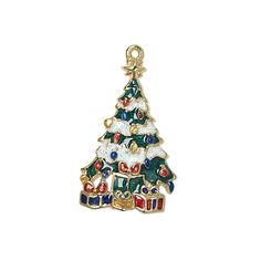 Colorful enameled "pewter" (zinc-based alloy) charm twinkles with a gold finish and glitter accents. An evergreen tree adorned with rows of colorful ornaments and glittering snow white boughs branched out over a stack of wrapped packages brings holiday joy. Colors can include green, red, blue, yellow and white. Colorful Ornaments, Fire Mountain Gems, Free Items, Twinkle Twinkle, Jewelry Supplies, Holiday Joy, Gold Finish, Blue Yellow, Bead Work