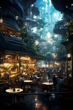 a futuristic city with lots of tables and people sitting at them in the middle of it