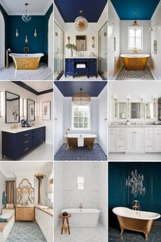 many different types of bathtubs and sinks in the same room with blue walls