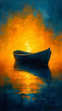 a painting of a boat in the water at sunset with yellow and blue hues