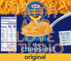 a package of macaroni and cheese with the label on it's side