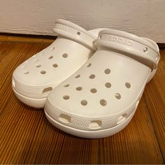 Nwot Never Worn White Platform Crocs!!! Classic White Round Toe Clogs, Classic White Closed Toe Clogs, Classic White Clogs With Cushioned Footbed, Classic White Clogs With Rubber Sole, Low-top White Clogs With Rubber Sole, White Low-top Clogs With Rubber Sole, White Low-top Comfortable Clogs, Comfortable White Low-top Clogs, White Low-top Casual Clogs