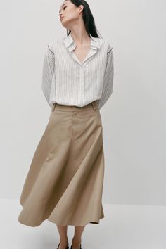 Beige Midi Skirt Outfit, Beige Skirt Outfit, Beige Midi Skirt, Gabardine Fabric, Godet Skirt, Midi Skirt Outfit, Beige Skirt, Waistcoat Dress, Rene Magritte