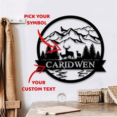 a sign that says cardwen on the wall next to a wooden table and chair