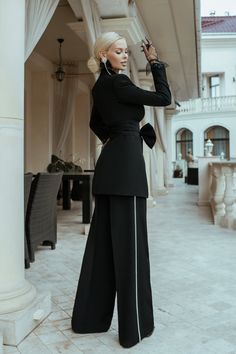 Black 2-Piece Formal Pantsuit Decorated With Rhinestones – SandraBlush Elegant Formal Wide-leg Pantsuit, Elegant Tailored Wide-leg Pants Sets, Luxury Long Sleeve Formal Pantsuit, Elegant Office Sets With High-waisted Pants, Chic Formal Set With High-waisted Pants, Elegant Formal Set With High-waisted Pants, Evening Tuxedo Style Long Sleeve Pantsuit, Fitted Formal Sets With Wide-leg Pants, Tailored Long Sleeve Evening Pantsuit