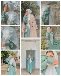 a collage of photos showing women dressed in green and white clothing, one wearing a shawl