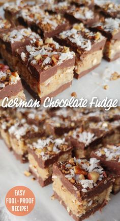 german chocolate fudge bars are stacked on top of each other with coconut flakes