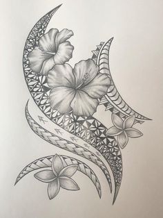 a drawing of a flower on the side of a crescent with leaves and flowers around it