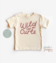 Welcome to Junie +James Co.! All of the designs you see are designed by me, Aubrey, and then handmade & shipped out to you the next business day by my production partner in Upstate New York! It brings me joy to create designs for kids' everyday wear or for those special moments!  Things to know: - Each item is handmade to order! - Please see our size chart below for specs. White bodysuits are Gerber Onesies® Brand. Natural bodysuits and toddler/youth shirt brands may vary depending on availabili Customizable Cute Cotton Tops, Cute Customizable Cotton Shirt, Wild Like My Curls, Toddler Size Chart, Boy Toddler, Youth Shirt, Girl Toddler, White Bodysuit, Upstate New York