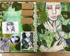 an open book with pictures and writing on the pages, including green leaves in it